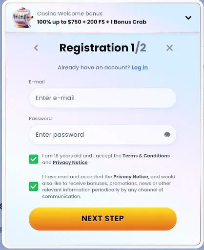 CasinoLab Registration Screen - Sign Up Form